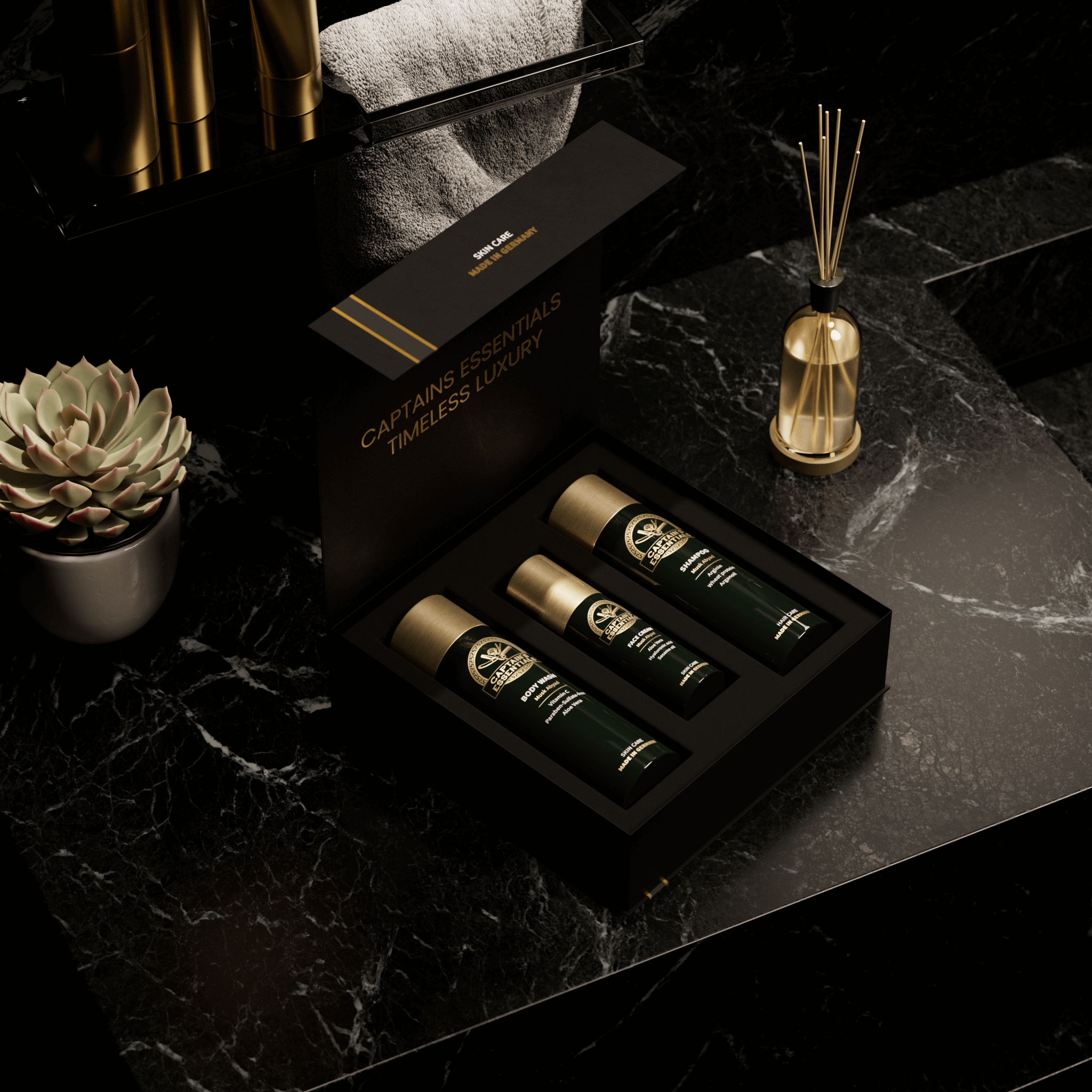 Captain's Essentials Geschenkbox geöffnet – Shampoo, Body Wash und Face Cream Innenansicht